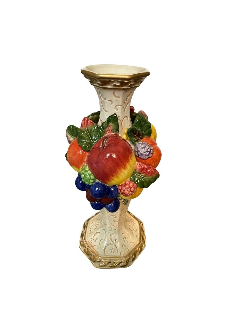 Vintage Ceramic Fruit Embellished Vase 9” – Tuscan Majolica Style Decor